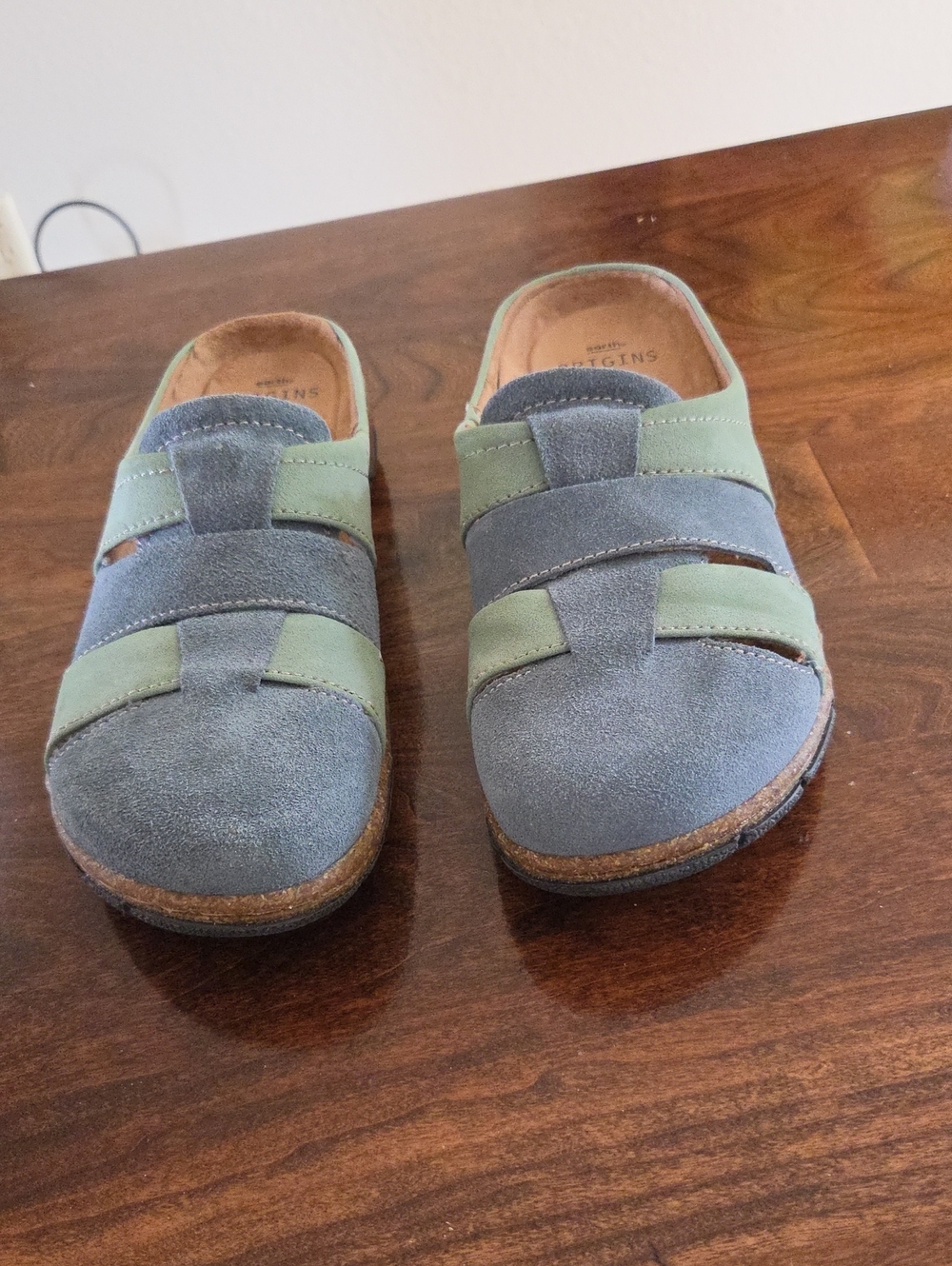 Origins Suede Slip-On Clogs in Slate Blue and Sage Green